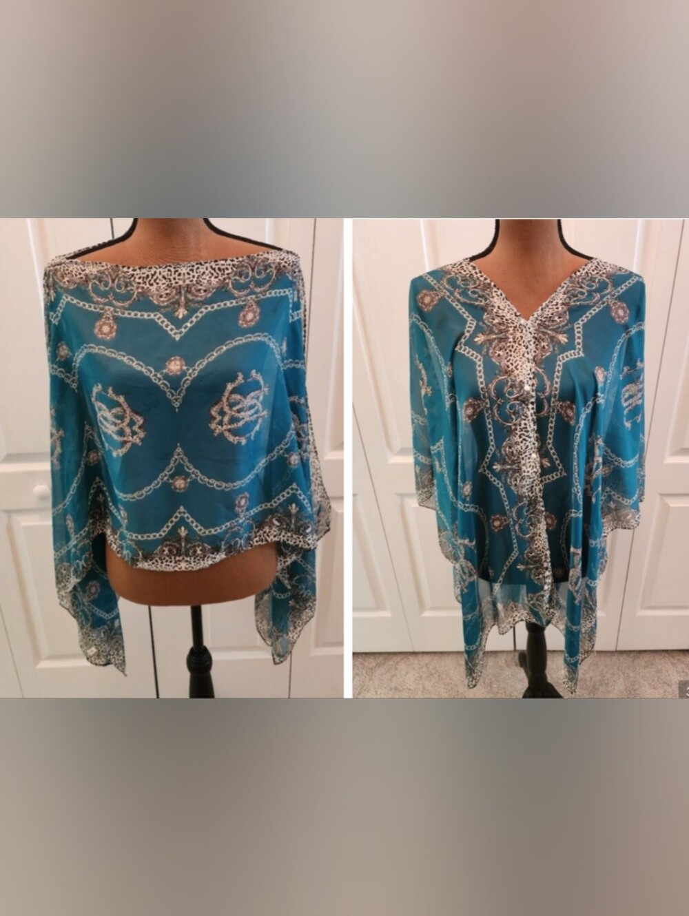 Sheer Mob Wife Pearl Details Reversible Tea Animal Print Tunic Shawl Kimono